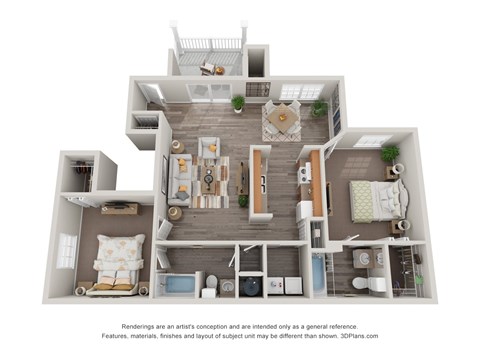 Floor plan for 2 beds, 2 baths, 1166 sqft